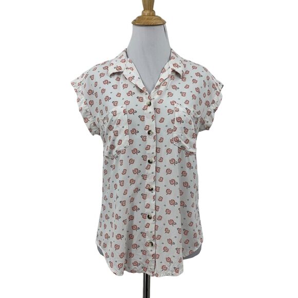 Jachs Girlfriend New York Blouse Womens XS Extra Small White Floral Button Front - Picture 1 of 12